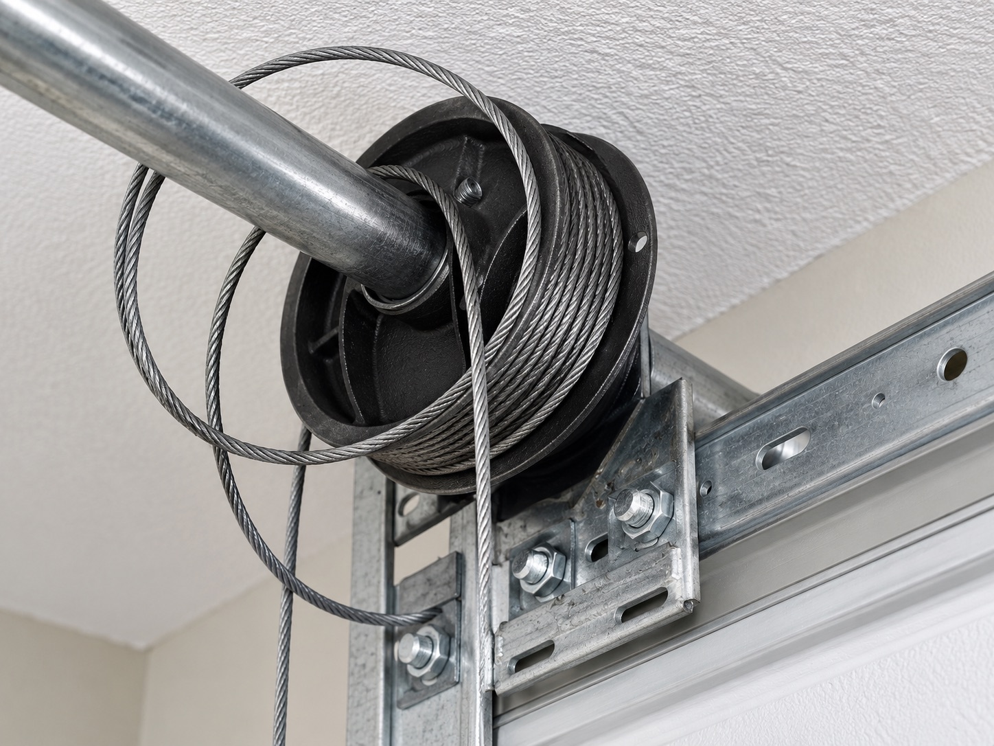 Garage door lift cable unwound from its drum above the track