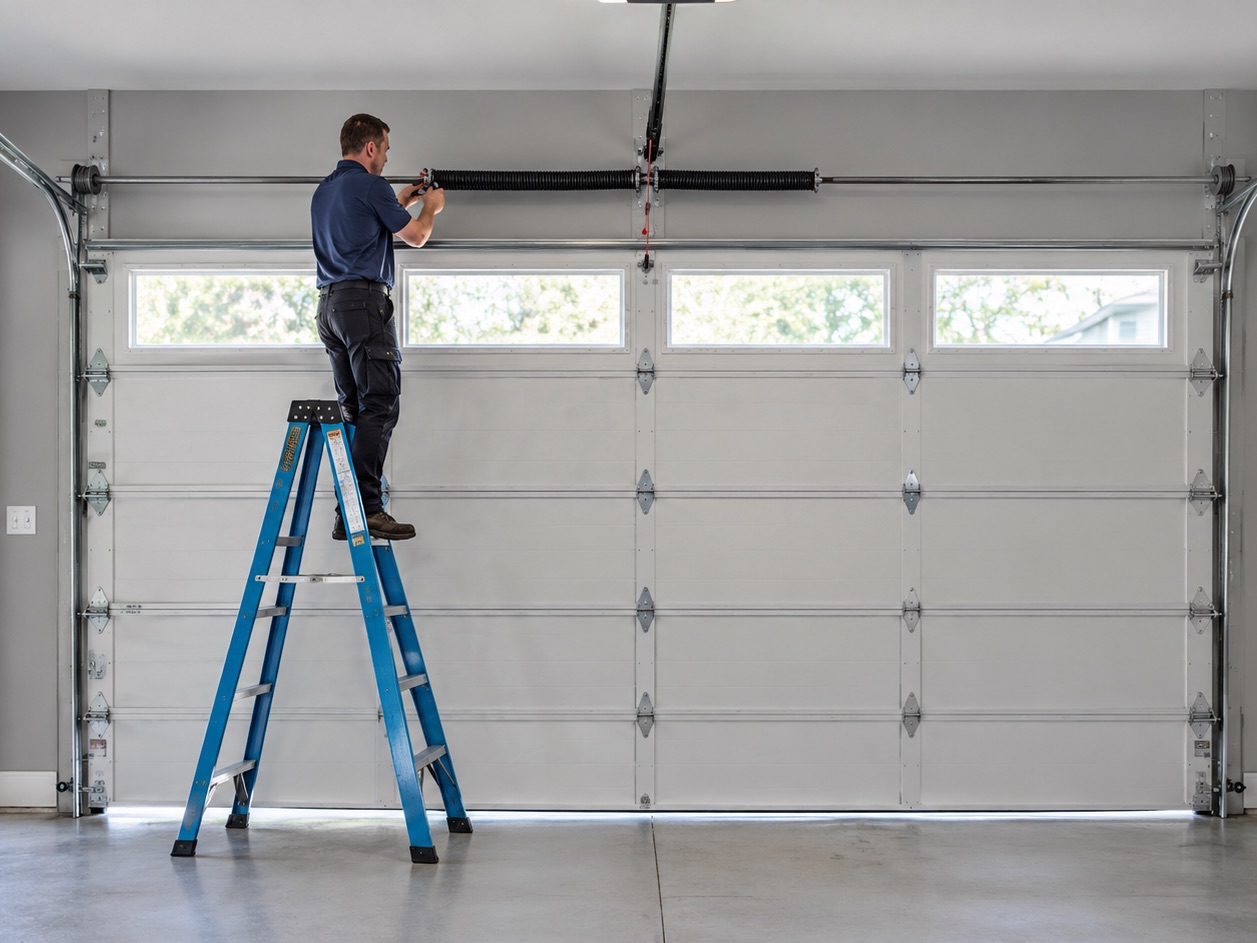 Technician on a ladder working on the torsion springs above a two-car garage door