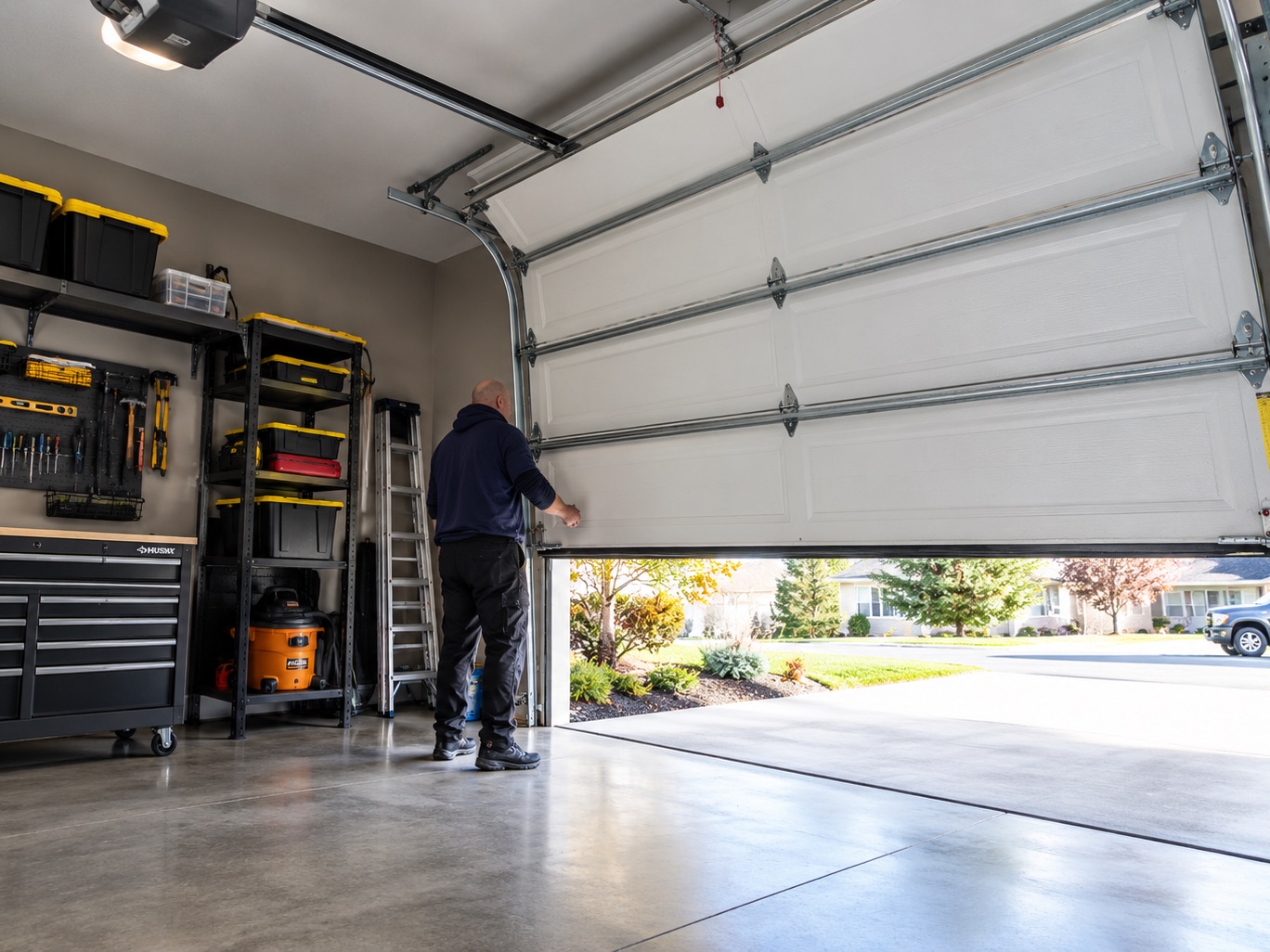 Technician checking a garage door from inside a two-car garage