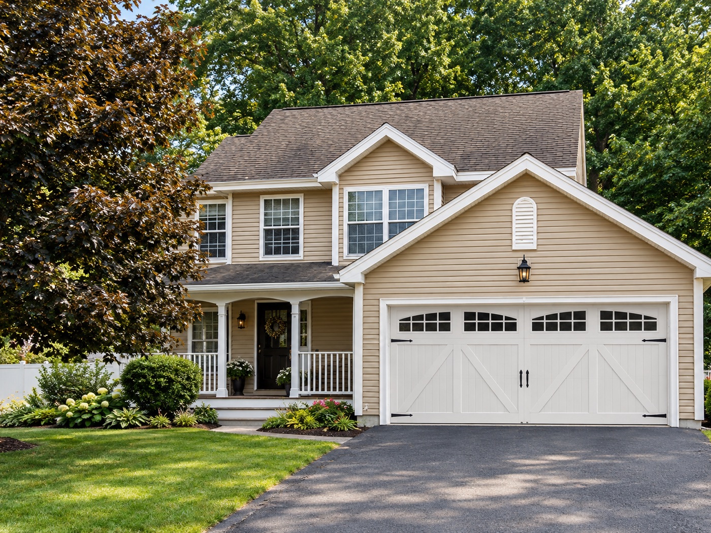 New carriage-style two-car garage door on a colonial house